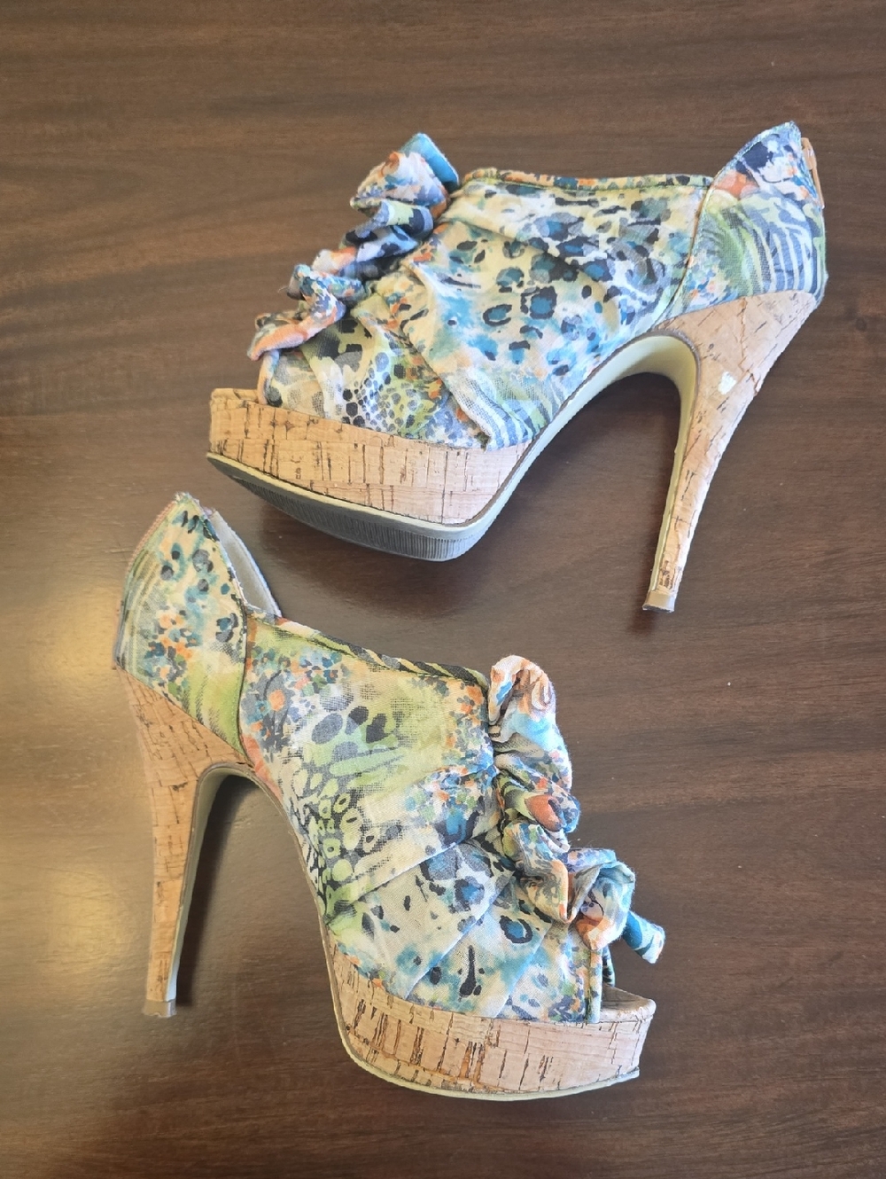 Nine West Multicolor Floral Cork Platform Peep-Toe Heels